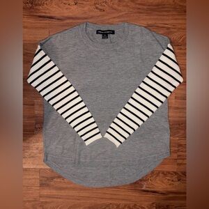 French Connection women's gray crew neck sweater black and white striped sleeves